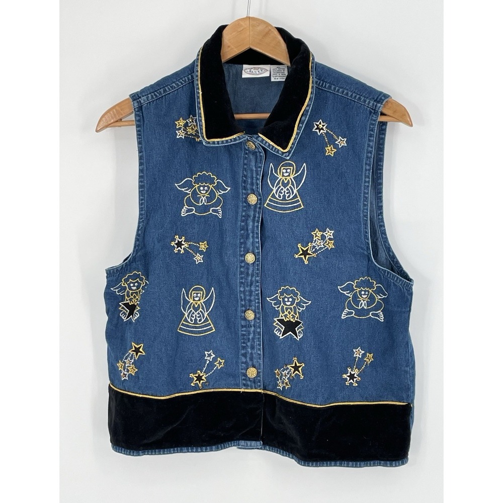 VTG Carolina Blues Womens XL Denim Vest Embroidered Angels Velvet Trim